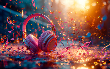 Studio shot of pink headphones over music note explosion background with empty space for text. - Powered by Adobe