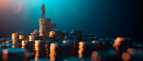 Successful businessman on top of gold stack coins. Financial growth, strategy, investment and achieving new heights in the market. 3D render design.