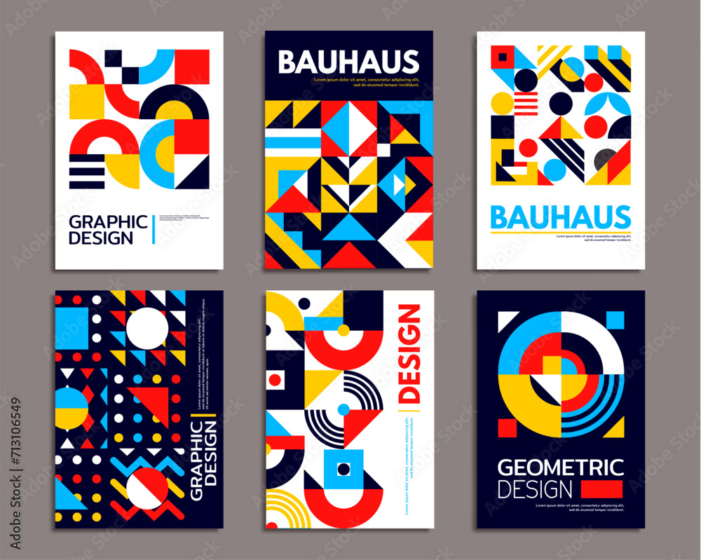 Aufkleber Abstract geometric posters, modern background pattern with minimal shapes. Vector trendy art layout templates with bold typography and circle, triangle, dot, line and square colorful elements