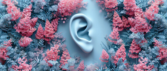 3D render of human ear between a beautiful garden of flowers. Concept of healthy hearing, audition, deafness and feminity. World hearing day. - obrazy, fototapety, plakaty