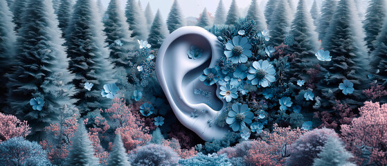 3D render of human ear between a beautiful garden of flowers. Concept of healthy hearing, audition, deafness and feminity. World hearing day. - obrazy, fototapety, plakaty
