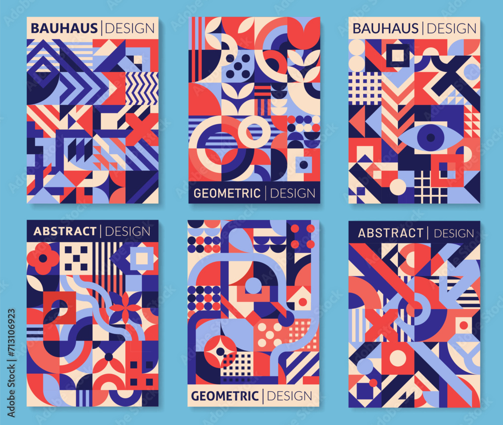Poster Geometric posters with abstract patterns. Simple geometry shapes and forms vector background with circles, squares and triangles, floral elements, dots and lines. Blue and red geometric patterns