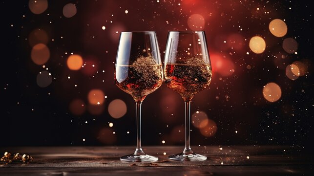 Two glasses of wine on a table with a bokeh background ai generative image