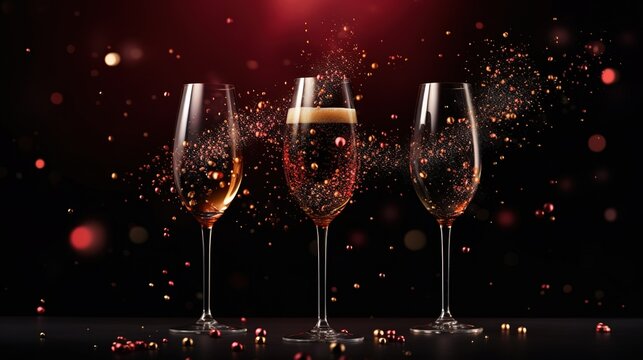 crystal shampagne glasses and bottle. new year party blurred background