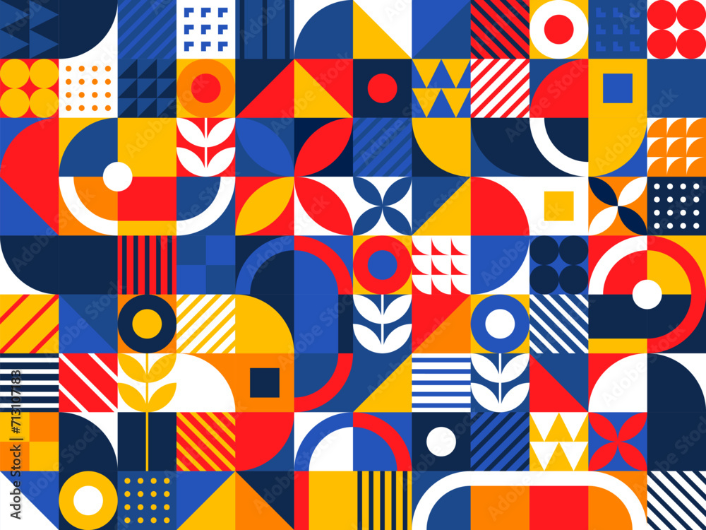 Poster Geometric modern pattern with vector color shapes. Abstract background of squares, circles, triangles and round lines, dots and floral elements. Geometric pattern for interior decor and posters
