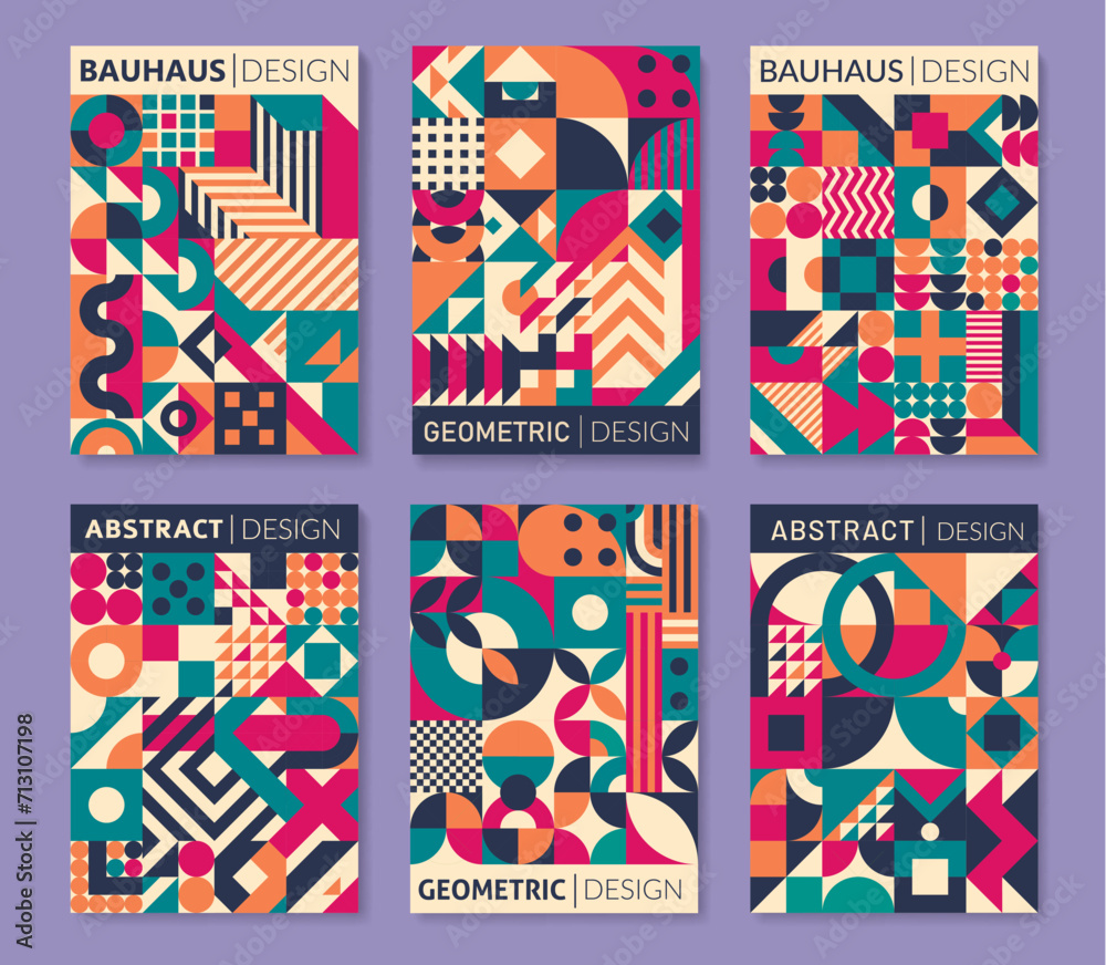 Poster Geometric posters and abstract patterns. Vector backgrounds of simple geometric shapes with color circles, squares, triangles and wavy lines. Geometric patterns for wall arts, covers and banners