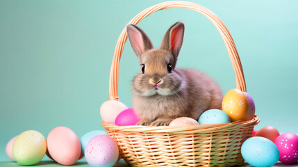 Easter bunny sitting in a basket with colorful Easter eggs - ai generative