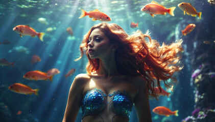 Obraz na płótnie Canvas Red-haired beautiful mermaid with a shimmering colored tail underwater. AI generated