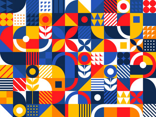 Geometric modern pattern with vector color shapes. Abstract background of squares, circles, triangles and round lines, dots and floral elements. Geometric pattern for interior decor and posters