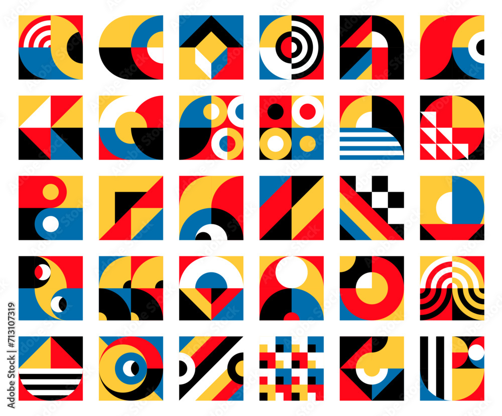 Poster Geometric elements with abstract patterns and modern tiles, vector backgrounds. Geometric shape elements for Geometric pattern of square, circle and triangle mosaic and vintage art colors