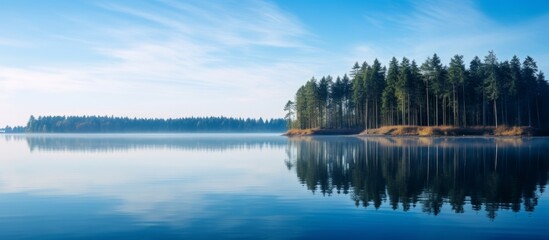 Fototapeta premium Tranquil Lake Reflections with Forest Silhouette at Dawn