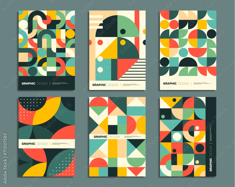 Poster geometric posters with abstract patterns of vector circle, square, triangle and dot shapes. retro si