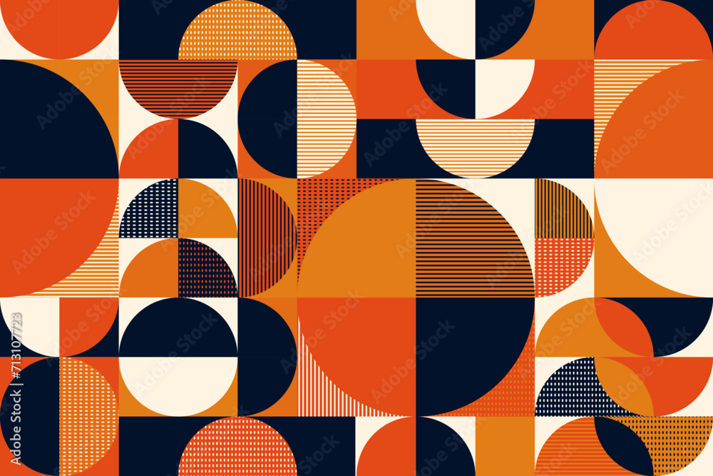 Poster Geometric pattern or modern grid background, vector abstract retro circle shapes. Geometric pattern poster with simple colors on Swiss art, vintage mosaic tile or minimal round geometric pattern