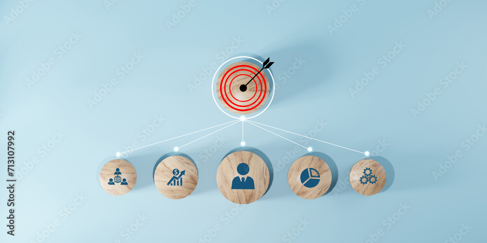 Wall mural woods block step on table with icon action plan, goal and target, success and business target concep
