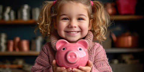 little girl with piggy bank, , Generative AI