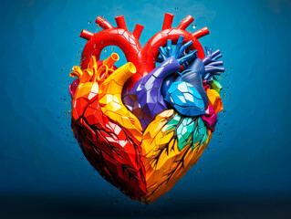 illustration of abstract colorful anatomical human heart painted on blue background.