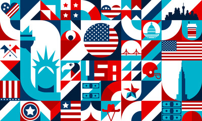 Abstract geometric USA shapes, pattern of american travel landmarks. Vector background of simple geometric figures, stars and stripes flag, statue of liberty, bridge, eagle and cowboy hat