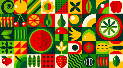 Summer garden fruits and vegetables abstract geometric pattern. Farm food vector background with flat geometry mosaic of watermelon, carrot, lemon, plant flower and leaf, agriculture themes - obrazy, fototapety, plakaty
