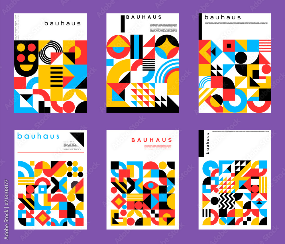Poster Abstract geometric posters with pattern. Vector graphic shapes of color circles, squares and triangles background. Modern geometric banners set with geometry collage of simple forms and figures
