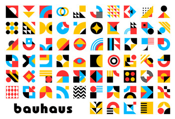 Abstract geometric elements. Vector modern graphic shapes and forms set. Color circles, squares and triangles, lines, crosses, dots and zigzag geometric mosaic pattern elements