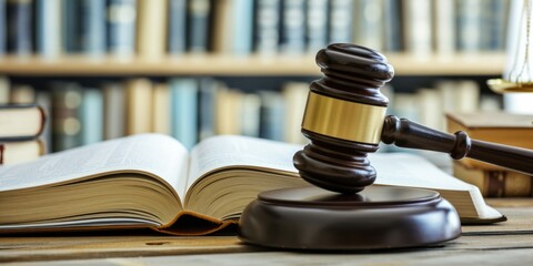 A judge's gavel resting on top of an open book. This image can be used to represent law, justice, or the legal system