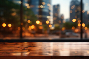 Naklejka premium Wooden table bokeh city view background, empty wood desk tabletop counter surface product display mockup with blurry cityscape lights abstract backdrop presentation. Mock up, copy space.