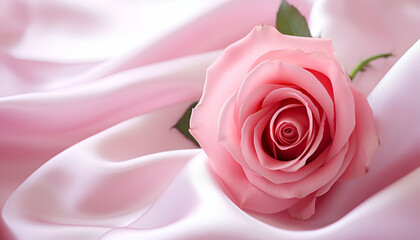 beautiful pink rose on satin background. closeup of photo