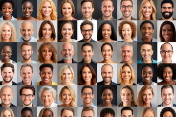 Many multicultural different male and female smiling faces looking at camera. Diversity and society concept.