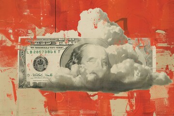 dollar bills backdrop of fluffy clouds