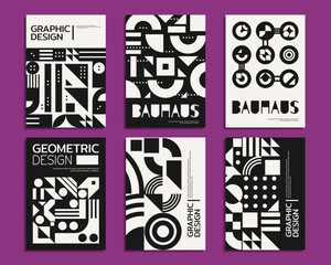 Monochrome abstract geometric posters, pattern. Vector bold, minimalist, abstract black and white striking designs with clean lines, and contrasting shapes create impactful modern aesthetic