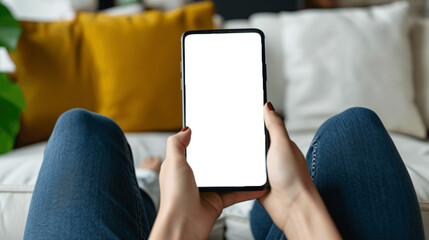Woman holding smartphone. Smartphone display mockup.