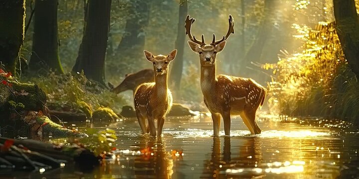 Fototapeta Nature wildlife scene with majestic brown deer in forest wild animals portrait in wilderness beautiful male stag with antlers standing alert in autumn landscape among pine trees and grass