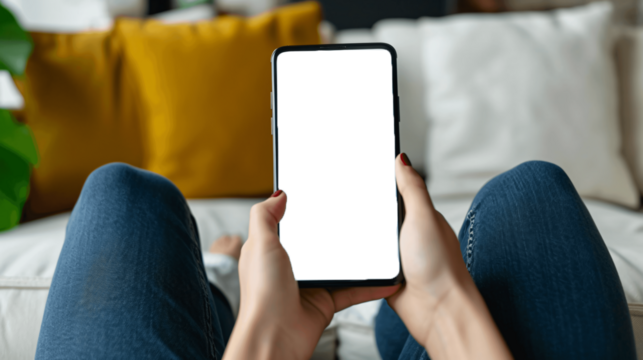 Woman holding smartphone. Smartphone display mockup.