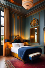 The guest rooms in a luxurious boutique hotel are a harmonious blend of comfort, ai generated