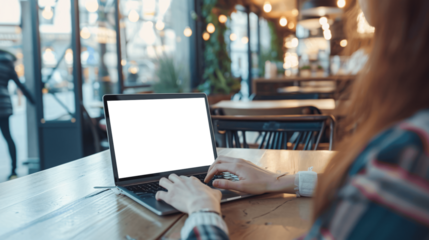 Transparent Laptop Mockup: Woman Working in Cafe, First Person View