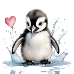 cute pinguin in water with a pink hearth