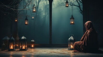 Muslim women wearing hijabs praying inside a beautiful and spacious mosque, islamic Background and wallpaper