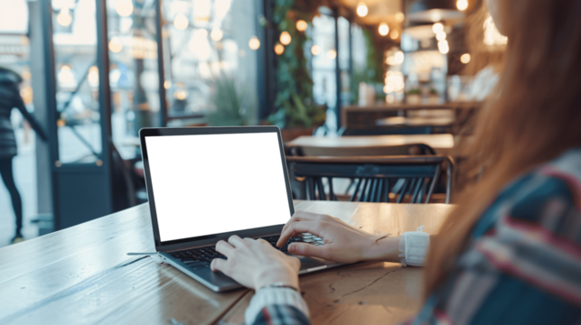 Transparent Laptop Mockup: Woman Working in Cafe, First Person View - Powered by Adobe