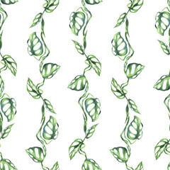 Tropical palm leaves, monstera, liana, monkey mask bright juicy green. Hand drawn watercolor botanical illustration. Seamless pattern on a white background