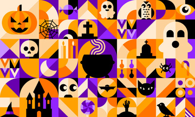 Geometric Halloween pattern of abstract modern shapes with horror holiday characters. Vector background with spooky ghost, pumpkin, skull and bat, spider, witch hat and trick or treat candy