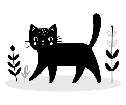 Black cat illustration in flat style for kids. Pets clipart for kids