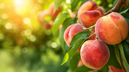 Close up image of fresh organic peaches in the orchard.