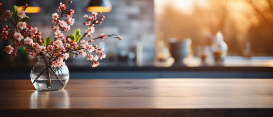 Wooden home table bokeh background, empty wood desk cafe tabletop surface product display mockup with blurry living room or city abstract backdrop advertising presentation. Mock up, copy space. - obrazy, fototapety, plakaty