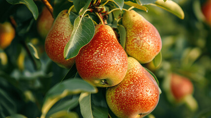 Obraz premium Close up image of fresh organic red pears in the orchard.