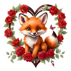 cute fox in a hearth made of flowers