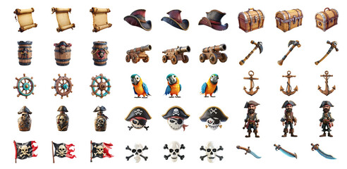 Big set of pirate elements in cartoon style, cut out - stock png. - obrazy, fototapety, plakaty