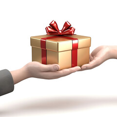 a hand delivers a gift box to the recipient's hand, isolated on white