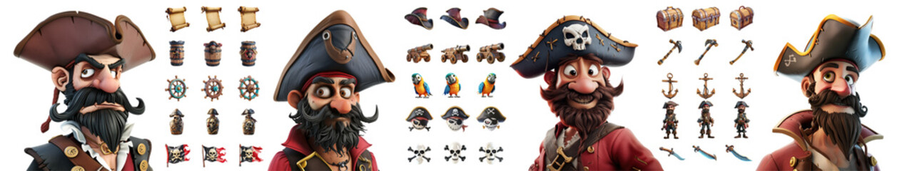 Fototapeta premium Big set of pirate elements in cartoon style, cut out - stock png.