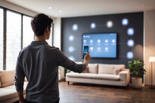 smart home concept, smart home app, modern living room 