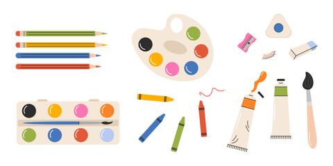 Set of painting tools in cartoon style. Hand drawn elements for creation and hobby: watercolor paints, brushes, pencils, palette, erasers, paint in tubes. Products for artists.  Knowledge for all.